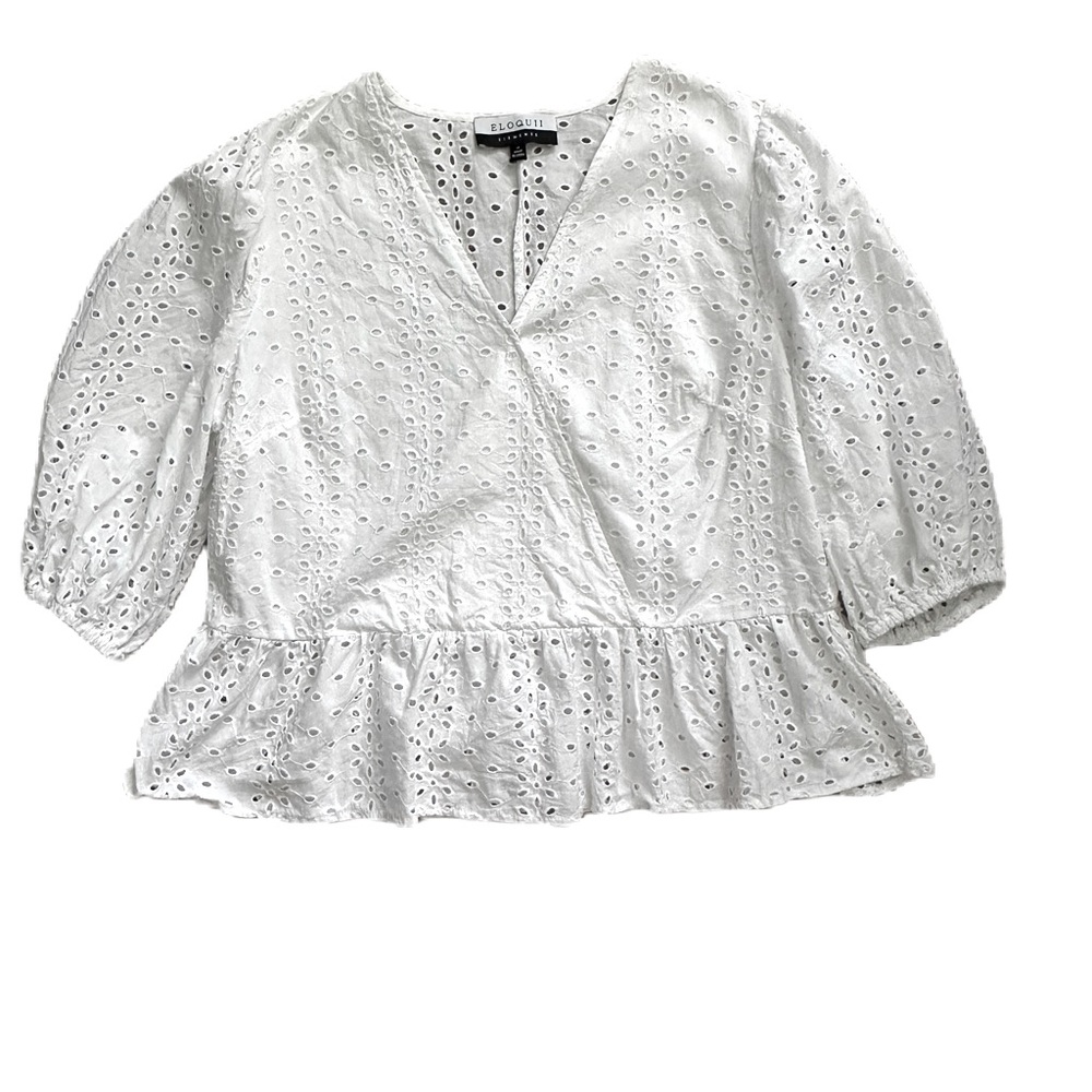 Eloquii Elements White Cotton Eyelet Peplum Blouse. Size 14